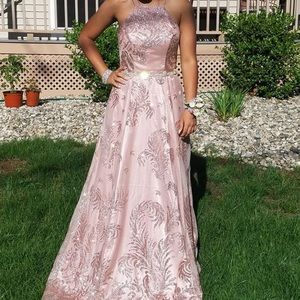 Pink glitter embroidered prom dress